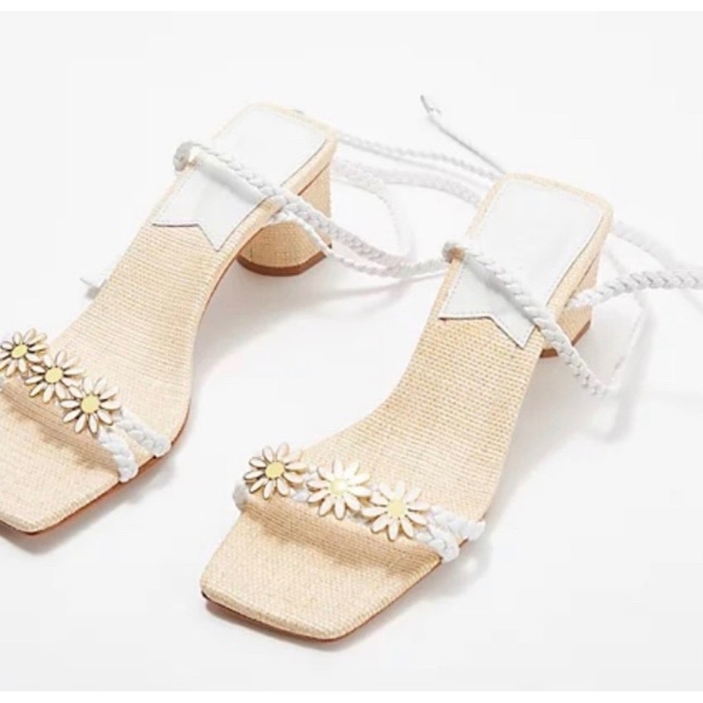 Schutz Hina Mid Daisy Raffia Block Heel Sandals White Braided Ankle Tie 10B NEW - Picture 3 of 6